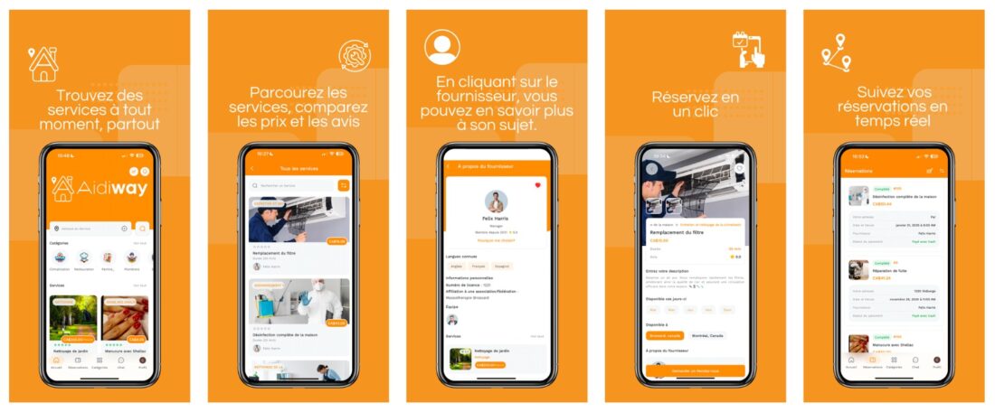 Application Aidiway – services à domicile au Québec, recherche et réservation locales sur téléphone intelligent.