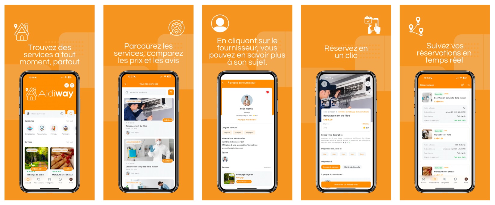 Application Aidiway – services à domicile au Québec, recherche et réservation locales sur téléphone intelligent.