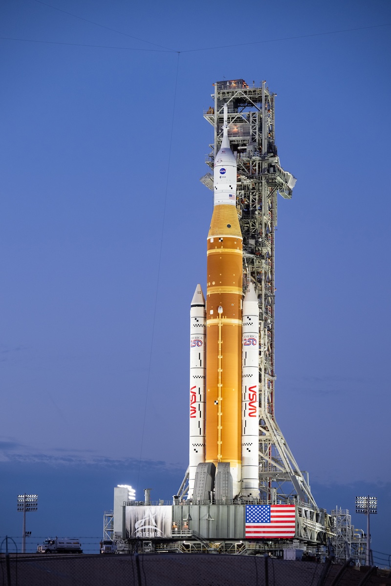 NASA’s Artemis II Space Launch System (SLS) rocket and Orion spacecraft are seen illuminated by lights at Launch Complex 39B, Saturday, Jan. 17, 2026, at NASA’s Kennedy Space Center in Florida. NASA/Keegan Barber