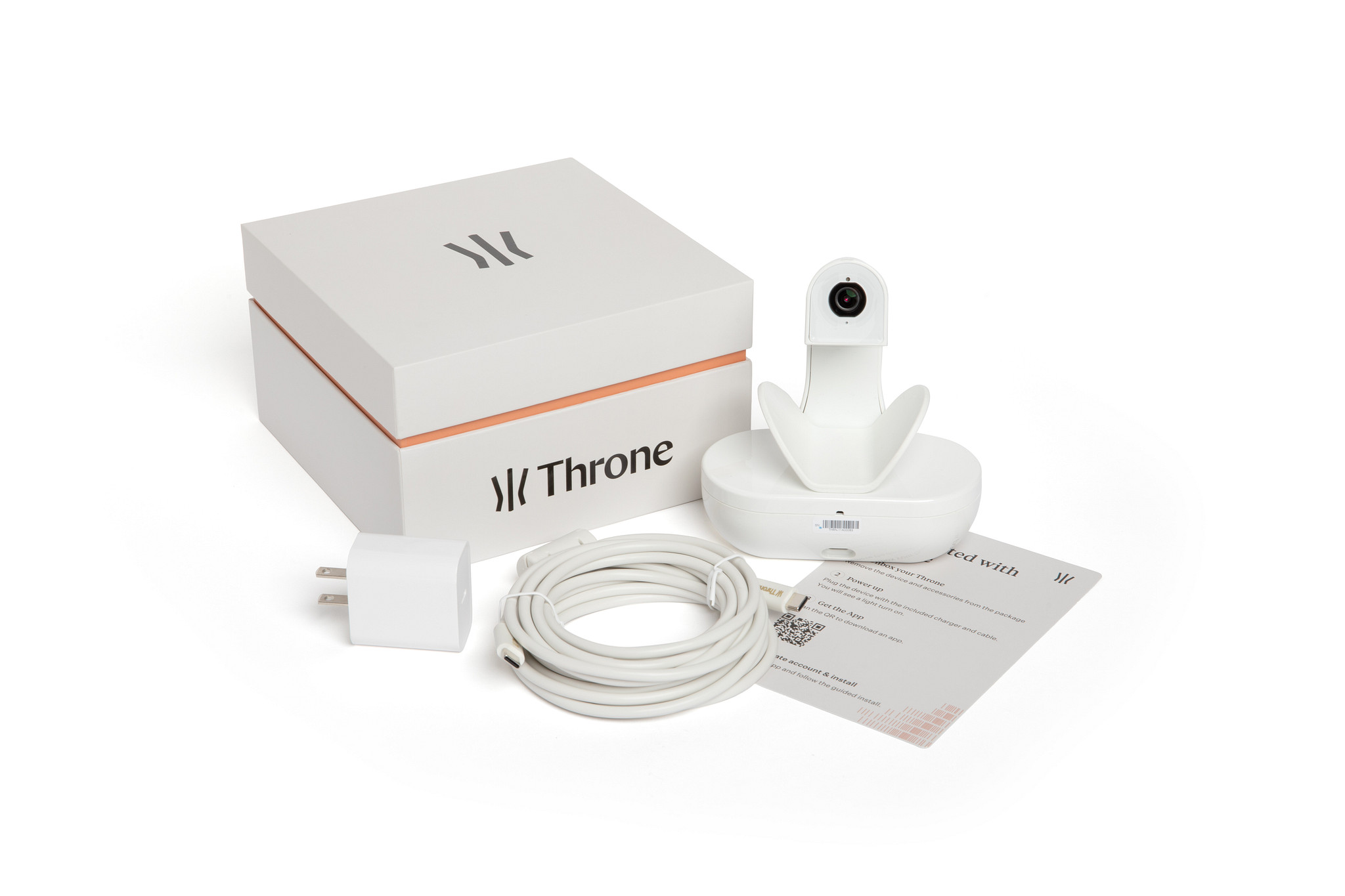 Le Throne avec sa caméra, son bloc de recharge et son câble USB-C (Photo Throne)